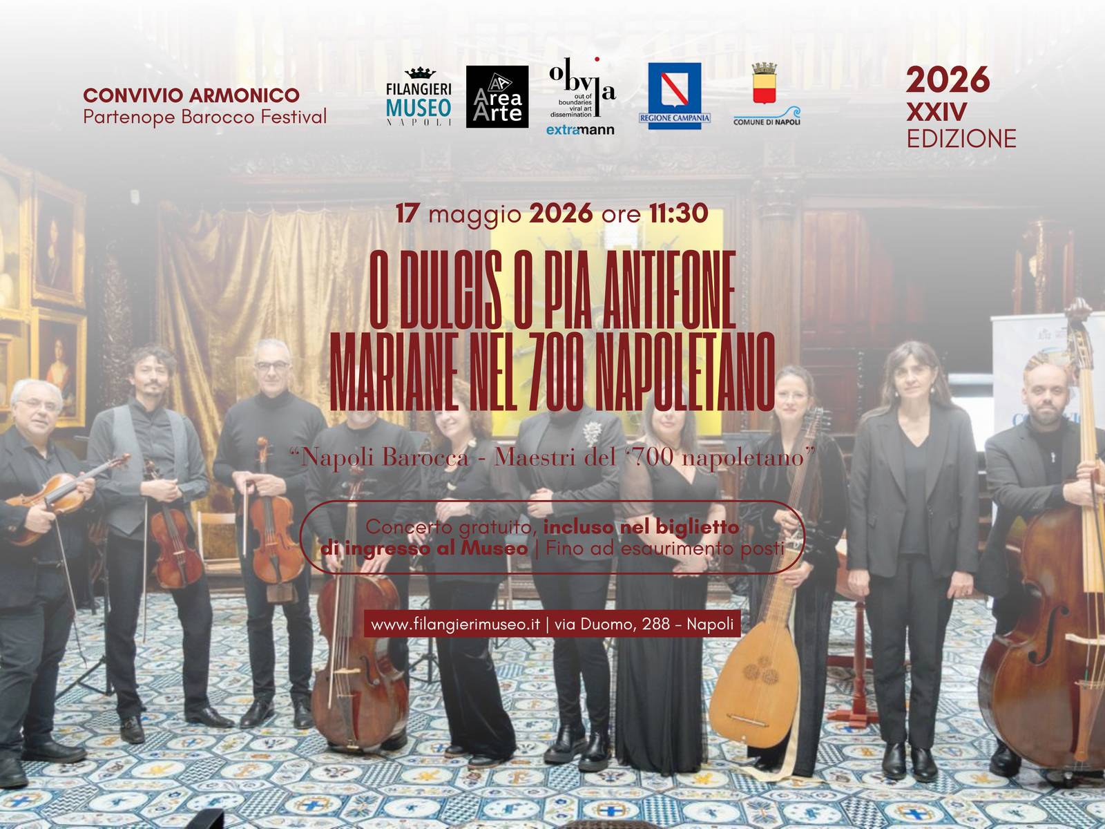 Locandina O Dulcis O Pia — Partenope Barocco Festival, Museo Filangieri 17 maggio 2026