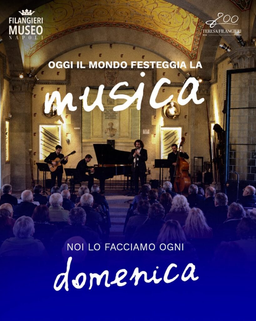Locandina: oggi il mondo festeggia la musica, noi lo facciamo ogni domenica. Concerto nella Sala Agata del Museo Filangieri