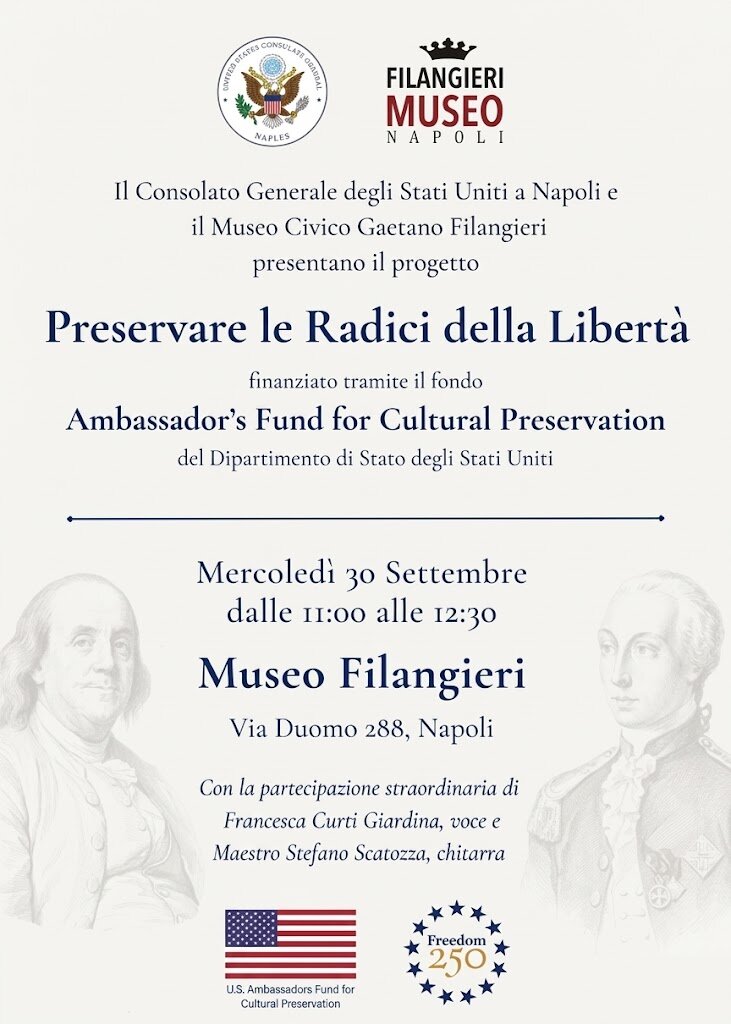 Locandina della presentazione del progetto Preservare le radici della libertà al Museo Filangieri, 30 settembre
