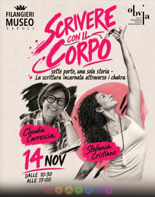 Locandina di Scrivere con il corpo, laboratorio con Claudia Carrescia e Stefania Cristiano al Museo Filangieri, 14 novembre